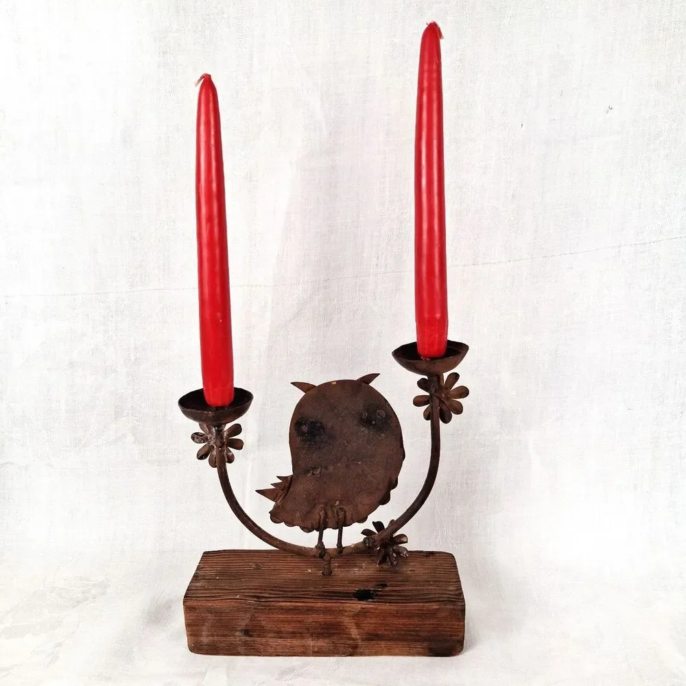 Mid Century Modern Metal Owl on Wood Base Candle Holder Sculpture Brutalist 9